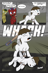 Size: 2024x3074 | Tagged: safe, artist:bruinsbrony216, oc, oc only, earth pony, pegasus, pony, unicorn, comic:fallout equestria: grounded, fallout equestria, baseball bat, comic, horn, unconscious