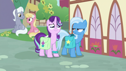 Size: 1920x1080 | Tagged: safe, screencap, lily, lily valley, royal riff, starlight glimmer, trixie, earth pony, pony, unicorn, g4, student counsel, bag, bracelet, female, great moments in animation, horizontal pupils, horn, jewelry, male, mare, saddle bag, sitting, smear frame, stallion