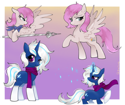 Size: 5231x4409 | Tagged: safe, artist:petaltwinkle, oc, oc only, oc:snowy smarty, oc:violet dawn, pegasus, unicorn, abstract background, clothes, cutie mark, duo, duo female, female, gradient background, horn, looking at you, magic, one eye closed, scarf, snow, snowflake, socks, spear, tail, weapon, wings, wink, winking at you