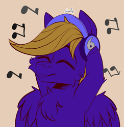 Size: 923x950 | Tagged: safe, artist:cozziesart, oc, oc:wing front, pegasus, brown mane, eyes closed, jamming out, male, music notes, pegasus oc, playing music, purple coat, simple background, wings
