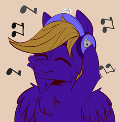 Size: 923x950 | Tagged: safe, artist:cozziesart, oc, oc only, oc:wing front, pegasus, pony, brown mane, chest fluff, eyes closed, jamming out, male, music notes, pegasus oc, playing music, purple coat, simple background, solo, wings