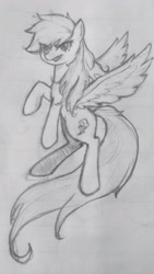 Size: 2231x3967 | Tagged: safe, artist:37240622, rainbow dash, pegasus, pony, female, flying, frown, lined paper, mare, pencil drawing, smiling, solo, traditional art
