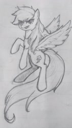 Size: 2231x3967 | Tagged: safe, artist:37240622, rainbow dash, pegasus, pony, g4, female, flying, frown, lined paper, mare, pencil drawing, smiling, solo, traditional art