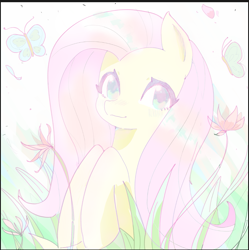 Size: 1141x1144 | Tagged: safe, artist:37240622, fluttershy, butterfly, pegasus, pony, cute, female, flower, grass, mare, shyabetes, smiling, solo