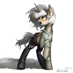 Size: 809x810 | Tagged: safe, artist:unclechai, oc, oc only, oc:xin yamei, pony, unicorn, female, horn, raised hoof, shadow, simple background, solo, standing, turned head, white background