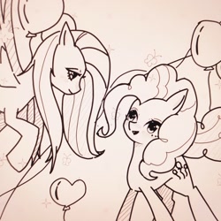 Size: 2258x2258 | Tagged: safe, artist:37240622, fluttershy, pinkie pie, earth pony, pegasus, pony, g4, balloon, duo, duo female, female, heart, heart balloon, photo, picture of a screen, sketch, smiling