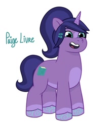 Size: 640x725 | Tagged: safe, artist:jazzhooves, oc, oc only, oc:paige livre, pony, unicorn, g5, my little pony: tell your tale, blaze (coat marking), coat markings, colored hooves, facial markings, female, hairclip, horn, not violet frost, open mouth, ponytail, simple background, socks (coat markings), solo, unicorn oc, white background