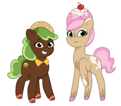 Size: 640x564 | Tagged: safe, artist:jazzhooves, oc, oc only, unnamed oc, earth pony, food pony, ice cream pony, pony, g5, my little pony: tell your tale, burger, burger pony, cherry, coat markings, collar, colored hooves, duo, duo female, earth pony oc, eyeshadow, female, food, freckles, headband, ice cream, ice cream mane, makeup, ponified, simple background, smiling, sprinkles, white background