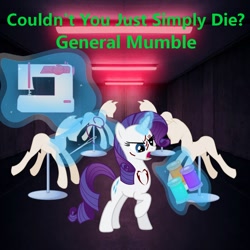 Size: 900x900 | Tagged: safe, artist:general mumble, artist:user15432, rarity, pony, unicorn, lil-miss rarity, g4, album, album cover, angry, couldn't you just simply die?, glowing, glowing horn, horn, lights, magic, magic aura, mannequin, needle, open mouth, raised hoof, sewing machine, sewing needle, thread