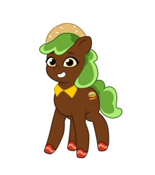 Size: 640x725 | Tagged: safe, artist:jazzhooves, oc, oc only, unnamed oc, earth pony, pony, g5, my little pony: tell your tale, burger, burger pony, collar, colored hooves, earth pony oc, female, food, freckles, headband, simple background, smiling, solo, white background