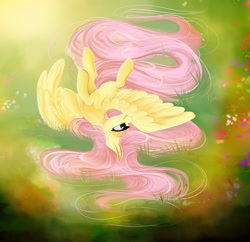 Size: 2048x1980 | Tagged: safe, artist:karzii, fluttershy, pegasus, pony, g4, abstract background, cute, falling, female, long hair, shyabetes, smiling, solo, upside down, wings