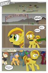 Size: 2024x3074 | Tagged: safe, artist:bruinsbrony216, oc, oc only, oc:honeycomb, earth pony, pony, unicorn, comic:fallout equestria: grounded, fallout equestria, female, gun, hat, horn, mare, slave collar, spanking, weapon