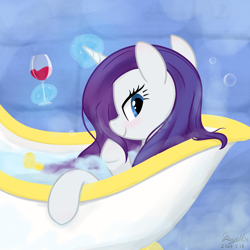Size: 2048x2048 | Tagged: safe, artist:rayelli, rarity, pony, unicorn, g4, alcohol, bathtub, blushing, cute, female, horn, looking at you, magic, mare, show accurate, solo, telekinesis, water, wine