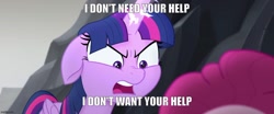 Size: 1194x499 | Tagged: safe, screencap, pinkie pie, twilight sparkle, g4, my little pony: the movie, angry, caption, cars (pixar), cars 2, image macro, imgflip, lightning mcqueen, movie reference, pixar, text