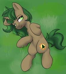 Size: 2566x2903 | Tagged: safe, artist:dumbwoofer, oc, oc only, oc:pine shine, pony, unicorn, belly, female, grass, horn, lidded eyes, looking at you, lying down, mare, on back, prone, smiling, smiling at you, solo