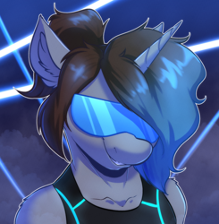 Size: 2016x2056 | Tagged: safe, artist:witchtaunter, oc, oc:bree chavez, anthro, bust, clothes, commission, female, glasses, laser, ponytail, portrait, smiling