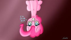 Size: 1920x1080 | Tagged: safe, artist:kenzie, pinkie pie, pony, g4, gradient background, happy, looking at you, paint tool sai, pinkie being pinkie, signature, simple shading, sitting, smiling, smiling at you, speech, talking, text, upside down