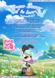 Size: 1249x1754 | Tagged: safe, artist:amaichix, princess celestia, alicorn, pony, comic:some-bunny to love, g4, advertisement, animal costume, basket, blushing, bow, bunny costume, bunny ears, bunny suit, bunnylestia, chibi, clothes, comic, costume, easter, easter egg, eyeshadow, female, fishnet clothing, fishnet stockings, heart, heart eyes, holiday, information, looking at you, looking back, looking back at you, makeup, mare, solo, solo female, standing, stockings, thigh highs, wingding eyes, wings