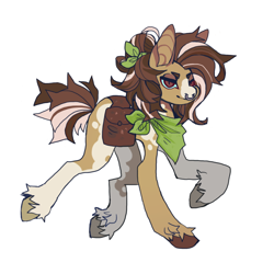 Size: 850x850 | Tagged: oc name needed, safe, artist:cutesykill, oc, oc only, earth pony, pony, bag, bandana, big ears, brown coat, brown eyes, brown hooves, brown mane, brown tail, coat markings, colored eartips, colored hooves, colored muzzle, colored sclera, commission, earth pony oc, eyeshadow, facial markings, green sclera, lidded eyes, long legs, makeup, multicolored mane, multicolored tail, narrowed eyes, neckerchief, no catchlights, nose piercing, piercing, pinto, ponytail, raised hoof, raised leg, saddle bag, septum piercing, short tail, simple background, slit pupils, smiling, snip (coat marking), spiky mane, spiky tail, tail, tied mane, two toned coat, unshorn fetlocks, white background