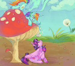 Size: 1700x1500 | Tagged: safe, artist:abbytabbys, rainbow dash, twilight sparkle, alicorn, pegasus, pony, g4, backwards cutie mark, blue coat, blue hooves, cloud, colored hooves, cute, dandelion, dashabetes, day, detailed background, dialogue, dirt, duo, duo female, eye clipping through hair, eyelashes, female, folded wings, giggling, grass, horn, imminent prank, large wings, laughing, long mane, long tail, looking at each other, looking at someone, looking up, mare, multicolored hair, multicolored mane, multicolored tail, mushroom, open mouth, outdoors, pink eyes, prank, profile, purple eyes, purple hooves, rainbow hair, rainbow tail, raised hooves, shiny mane, shiny tail, sitting, sky, smiling, smiling at someone, spread wings, tail, text, tiny, tiny ponies, twiabetes, twilight sparkle (alicorn), unicorn horn, unshorn fetlocks, wing fluff, wings