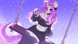 Size: 3500x2000 | Tagged: safe, artist:yuozka, oc, oc:dainty dove, unicorn, anthro, belly button, blushing, bracelet, clothes, ear piercing, earring, female, hair bun, horn, jewelry, looking at you, mare, nail polish, necklace, piercing, pretty, ring, skirt, socks, swing, thigh highs, unicorn oc