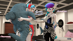 Size: 1920x1080 | Tagged: safe, artist:anthroponiessfm, oc, oc:audina puzzle, oc:aurora starling, earth pony, shark, unicorn, anthro, 3d, anthro oc, blåhaj, female, glasses, horn, ikea, looking at someone, plushie, shark plushie, source filmmaker, text, unicorn oc