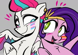 Size: 1754x1240 | Tagged: safe, artist:jully-park, pipp petals, zipp storm, pegasus, pony, g5, duo, duo female, family, female, gray background, lesbian pride flag, looking at each other, looking at someone, male, pride, pride flag, siblings, simple background, sisters, smiling, trans male, transgender, transgender pride flag