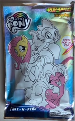 Size: 2493x4026 | Tagged: safe, fluttershy, pinkie pie, spike, dragon, earth pony, pegasus, g4, baby, baby dragon, bag, cardboard cutout, colored, female, irl, mare, marker, marker drawing, merchandise, monochrome, my little pony logo, package, photo, traditional art