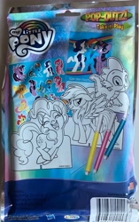 Size: 2480x3940 | Tagged: safe, applejack, fluttershy, pinkie pie, rainbow dash, rarity, spike, twilight sparkle, g4, bag, barcode, cardboard cutout, colored, irl, mane six, marker, marker drawing, merchandise, monochrome, my little pony logo, package, photo, sticker pack, traditional art