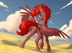 Size: 3400x2500 | Tagged: safe, artist:avroras_world, oc, oc only, oc:hardy, alicorn, pony, alicorn oc, butt, cloud, featureless crotch, full body, grass, high res, hoof heart, horn, looking at you, male, nature, plot, rear view, red eyes, sky, smiling, smiling at you, solo, sparkles, spread wings, stallion, thin, underhoof, wings