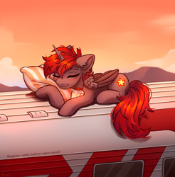 Size: 4500x4565 | Tagged: safe, artist:konejo, oc, oc:hardy, alicorn, firefly (insect), insect, pony, ear fluff, eyes closed, folded wings, full body, high res, jar, male, mountain, pillow, sleeping, smiling, solo, stallion, sunset, train, wings