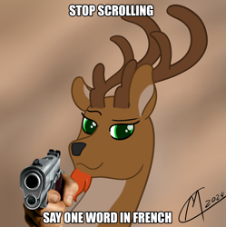 Size: 2177x2187 | Tagged: safe, artist:maître cervidé, deer, gun, male, meme, signature, solo, text, weapon