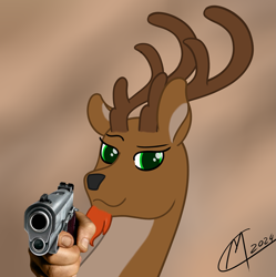 Size: 2177x2187 | Tagged: safe, artist:maître cervidé, deer, gun, male, meme, signature, simple background, solo, solo male, weapon