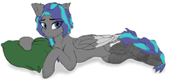 Size: 3952x1895 | Tagged: safe, artist:littlepony115, oc, oc only, oc:solar eclipse, pegasus, pony, undead, vampire, chest fluff, clothes, ear fluff, featureless crotch, female, fishnet clothing, hooves, hug, lying down, mare, on side, pillow, pillow hug, simple background, smiling, socks, solo, tail, white background