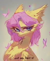 Size: 1660x2048 | Tagged: safe, artist:blcksswn, fluttershy, butterfly, pegasus, pony, g4, abstract background, alternate hairstyle, big ears, big eyes, blue eyes, cheek fluff, chest fluff, colored, ear fluff, eyebrows, eyebrows visible through hair, female, folded wings, head fluff, large wings, lidded eyes, long neck, looking back, mare, mouth hold, narrowed eyes, pink mane, scissors, shiny eyes, short hair fluttershy, signature, solo, thick eyelashes, wing fluff, wingding eyes, wings, yellow coat