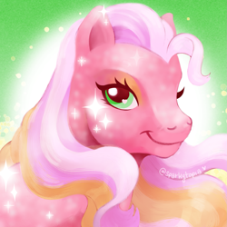 Size: 1779x1779 | Tagged: safe, artist:sparkytopia, secret wish, earth pony, pony, g3, bust, closed mouth, digital art, digital painting, divine shine, female, glitter, looking at you, mare, portrait, signature, smiling, solo, sparkles