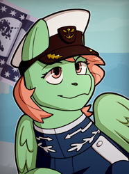 Size: 1040x1400 | Tagged: safe, artist:bunnyshrubby, oc, oc only, oc:aurora gale, pegasus, pony, equestria at war mod, bust, cap, clothes, flag, hat, mare in the moon, moon, ocean, portrait, solo, stars, water