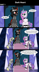 Size: 1920x3516 | Tagged: safe, artist:platinumdrop, derpy hooves, king sombra, princess flurry heart, alicorn, pegasus, pony, unicorn, comic:dark heart, g4, 3 panel comic, abuse, alternate timeline, armor, avoiding eye contact, bound wings, chains, collar, comic, commission, crystal, crystal castle, crystal empire, dark crystal, derpybuse, disdain, evil flurry heart, eyebrows, female, flurry heart is amused, folded wings, horn, husband and wife, indoors, looking at each other, looking at someone, looking away, looking down, male, mare, older, older derpy hooves, older flurry heart, raised eyebrow, sad, ship:flurrybra, shipping, slave, slave collar, smiling, smug, smug smile, spiked collar, spiked wristband, stallion, straight, throne, throne room, victorious villain, wall of tags, wing cuffs, wings, wristband