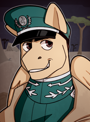 Size: 1040x1400 | Tagged: safe, artist:bunnyshrubby, oc, oc only, oc:stirling silver, pegasus, pony, equestria at war mod, bust, cap, clothes, hat, portrait, solo, tree