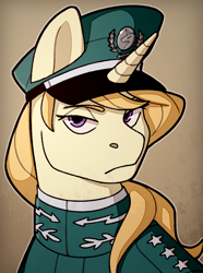 Size: 1040x1400 | Tagged: safe, artist:bunnyshrubby, oc, oc only, oc:dead air, pony, unicorn, equestria at war mod, bust, cap, clothes, hat, horn, portrait, solo
