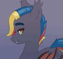 Size: 1000x930 | Tagged: safe, artist:renabu, oc, oc only, oc:dreaming dusk, bat pony, animated, bat pony oc, bat wings, bust, cutie mark, fangs, male, multicolored hair, portrait, slit pupils, smiling, talking, talking to viewer, windswept mane, wings, yellow eyes