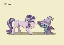 Size: 2052x1465 | Tagged: safe, artist:zblue, starlight glimmer, trixie, pony, unicorn, g4, annoyed, cape, clothes, duo, duo female, female, giggling, hat, horn, implied transformation, mare, oversized clothes, oversized hat, simple background, size difference, smol, spell gone wrong, stifling laughter, trixie is not amused, trixie's cape, trixie's hat, unamused, yellow background
