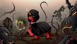 Size: 3760x2150 | Tagged: safe, artist:singovih, oc, oc:crimson, changeling, pony, unicorn, book, brown changeling, cloak, clothes, crack, cracks, dark magic, dust, epic, fanfic art, horn, magic, roots