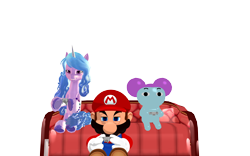 Size: 1920x1200 | Tagged: safe, artist:puzzlshield2, izzy moonbow, pony, unicorn, g5, my little pony: a new generation, my little pony: make your mark, 3d, 3d render, come and learn with pibby!, controller, couch, crossover, horn, mario, mmd, nintendo 64, pibby, playing, png, render, simple background, sitting, smg4, super mario bros., transparent background, video game