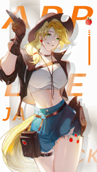 Size: 2160x3840 | Tagged: safe, artist:shenjudongmandabanban, applejack, human, abstract background, clothes, female, grin, humanized, shorts, smiling, solo, solo female