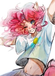 Size: 820x1128 | Tagged: safe, artist:aaa0740378, pinkie pie, human, humanized, one eye closed, raised arm, smiling, solo