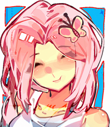 Size: 668x769 | Tagged: safe, artist:meadolly, fluttershy, human, blushing, bust, eye clipping through hair, eyebrows, eyebrows visible through hair, eyes closed, humanized, portrait, smiling, solo