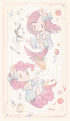 Size: 1496x2558 | Tagged: safe, artist:orchidlanlan738, pinkie pie, earth pony, pony, cake, candy, candy cane, card, clothes, dress, female, food, mare, muffin, pinkamena diane pie, plate, smiling, sugarcube, tea