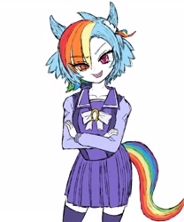 Size: 2150x2580 | Tagged: safe, artist:aexvalis3110, rainbow dash, human, g4, clothes, crossover, eared humanization, eye clipping through hair, eyebrows, eyebrows visible through hair, female, humanized, ponied up, pony ears, school uniform, schoolgirl, simple background, solo, tail, tailed humanization, teeth, tracen academy school uniform, uma musume pretty derby, white background