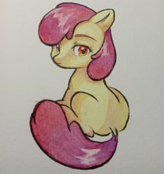 Size: 2000x2125 | Tagged: safe, artist:qiuhu17819, apple bloom, earth pony, pony, female, filly, foal, looking at you, looking back, looking back at you, missing accessory, simple background, sitting, solo, traditional art, white background